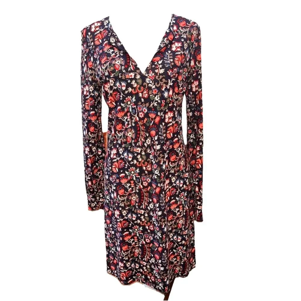 Tory Burch Floral Folk Print Long Sleeve Dress V-Neck Keyhole Stretch Knit L